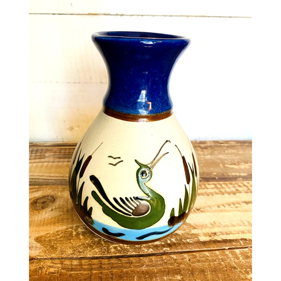 Vintage Hand Painted Stoneware Tonala Mexican Folk Pottery Vase Bird Cattails - Picture 1 of 9